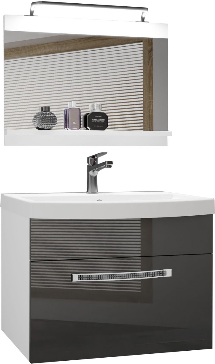 BELINI Badkamermeubel Set GLA P 1 - Badmeubelset 60 cm Grijs Hoogglans met Wastafel, Spiegel en LED Lamp - Wandmontage