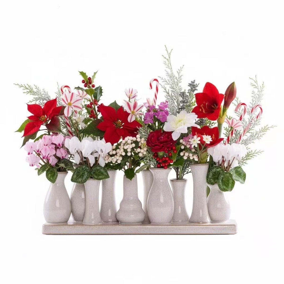 Omgoods - Set van 7 Mini Ceramische Bloemenvazen op Vaste Basis in Antiek Wit