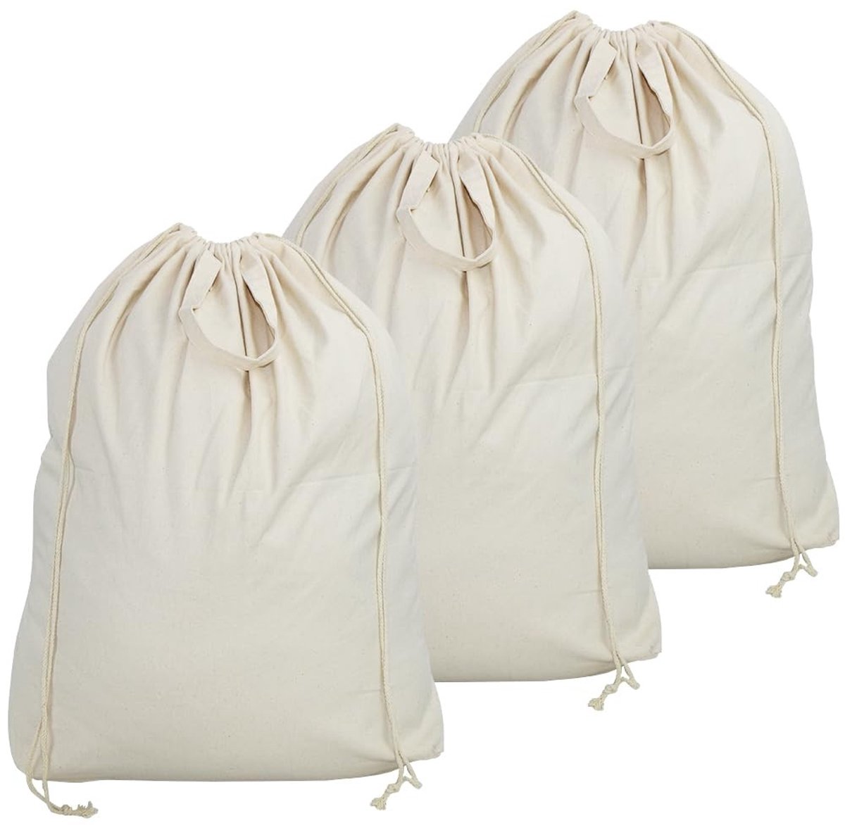 Omgoods- Waszakken 3-pack - Katoenen Canvas - Trekkoord - Handgrepen - Grote Capaciteit 46 x 26 x 70 cm - Geschikt voor Opbergen - Opbergtas