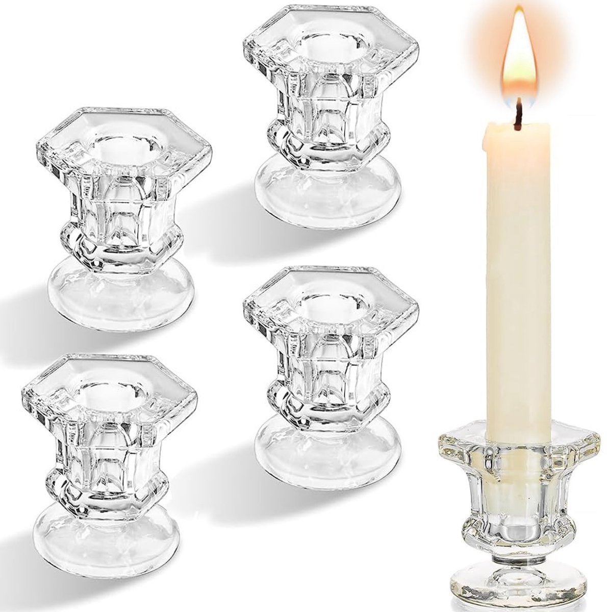 Omgoods - Set van 4 Glazen Kaarsenhouders, Hexagonaal en Elegant