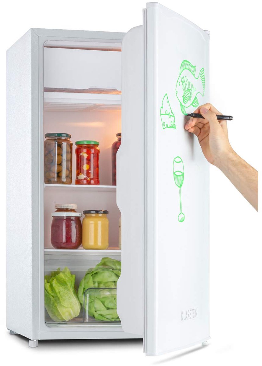 SnelShoppen - Energiezuinige Koelkast met Vriesvak, 90 Liter, ZestfulART-Design met Beschrijfbare Deur, Wit, Ideaal voor Keuken, Camping en Feesten