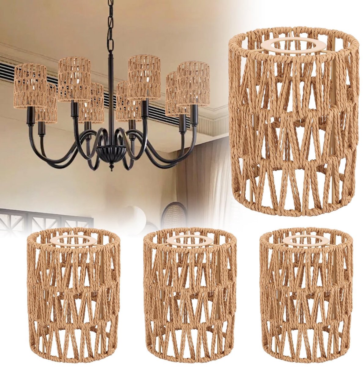 Omgoods - Lampenkap Boho - 4 Stuks - Vervangingsscherm - Bruin - Rattan Lampenkap - Geschikt voor Hanglampen, Tafellampen en Plafondlampen
