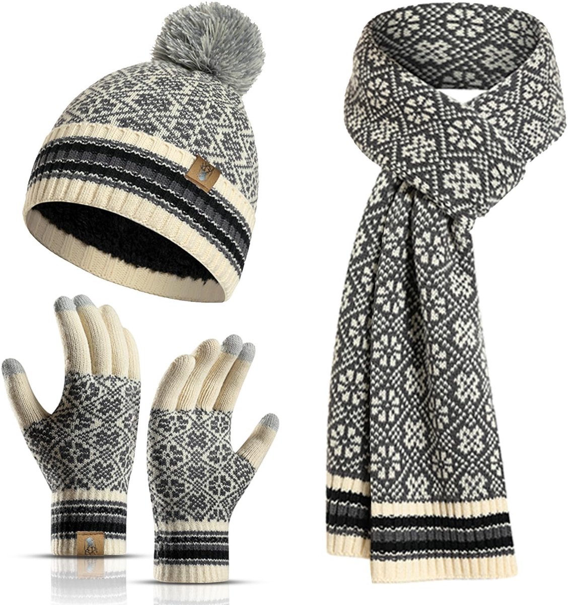 Omgoods - Winter Beanie, Sjaal en Touchscreen Handschoenen Set in Wit