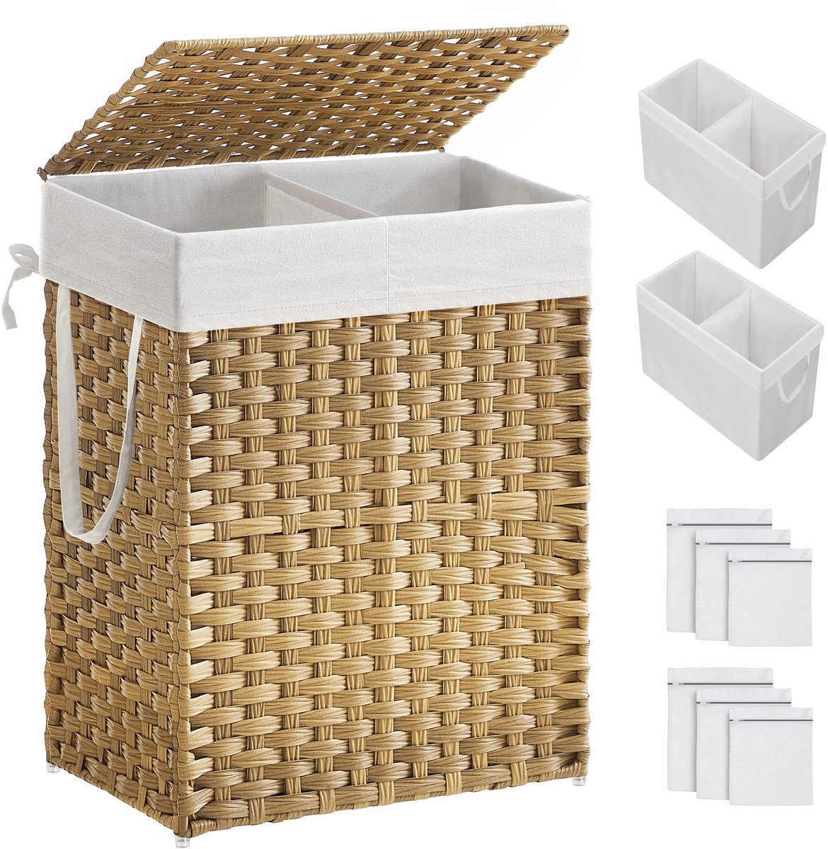 Omgoods - Wicker Wasmand met Deksel en 2 Verwijderbare Vakken, 90L