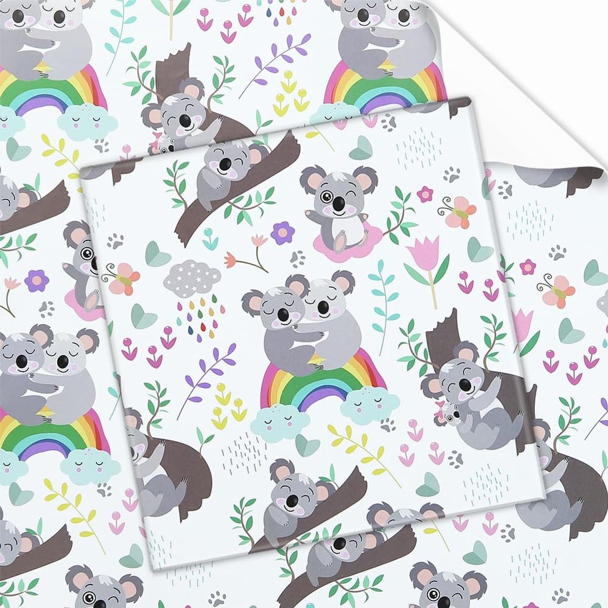 Omgoods- Verjaardagsinpakpapier Koala/regenboogontwerp - Cadeaupapier Kinderen - Inpakpapier Rollen - 4 Vellen Plat Gevouwen - 50 x 70 cm per Vel - Sterke Visuele Impact