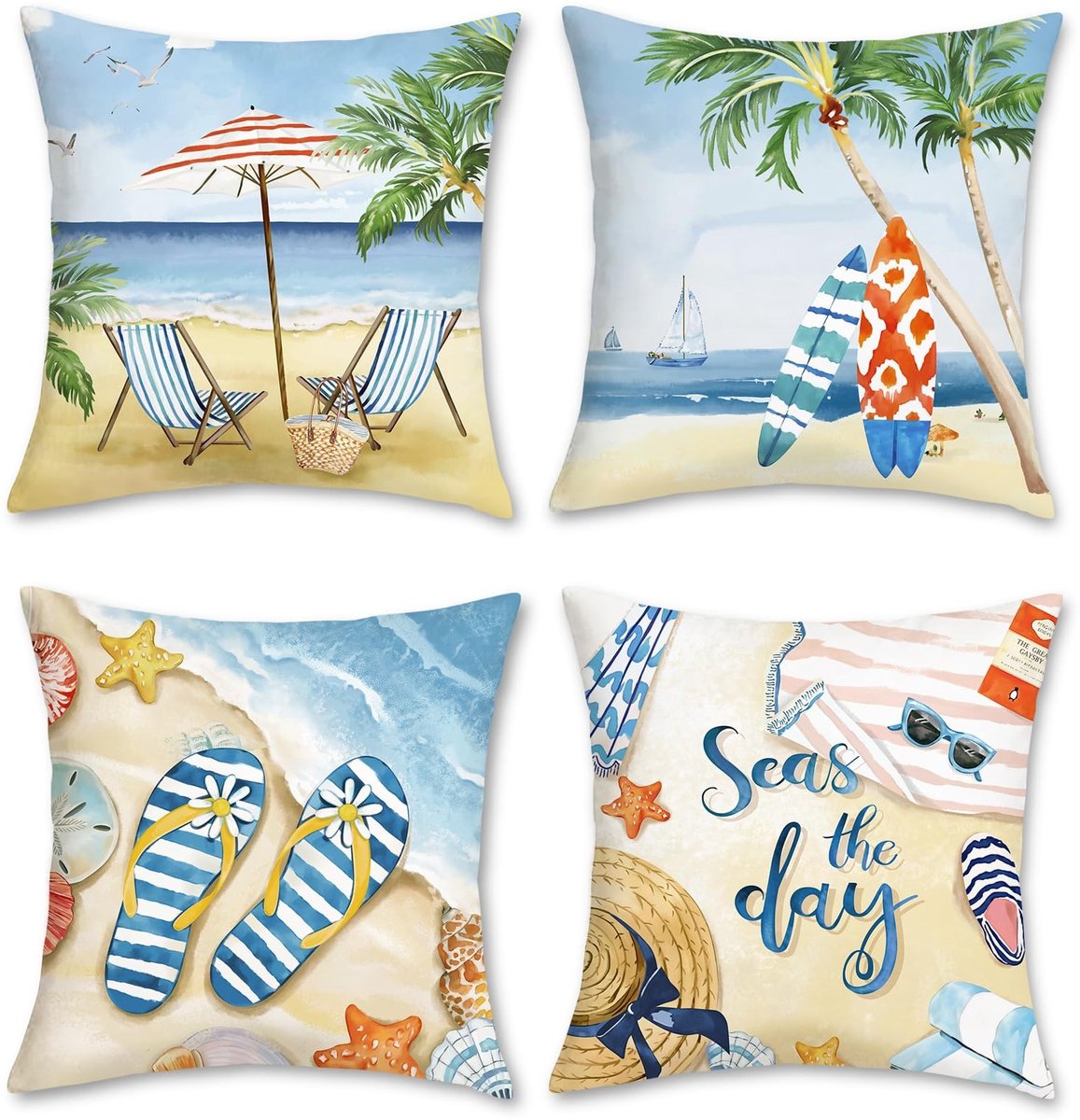 Omgoods - Set van 4 Strandthema Kussenhoezen 45x45cm voor Buiten