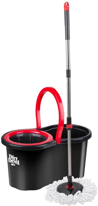 Zwarte Dirt Devil emmer met rode accenten en een witte spinmop met uittrekbare stang.