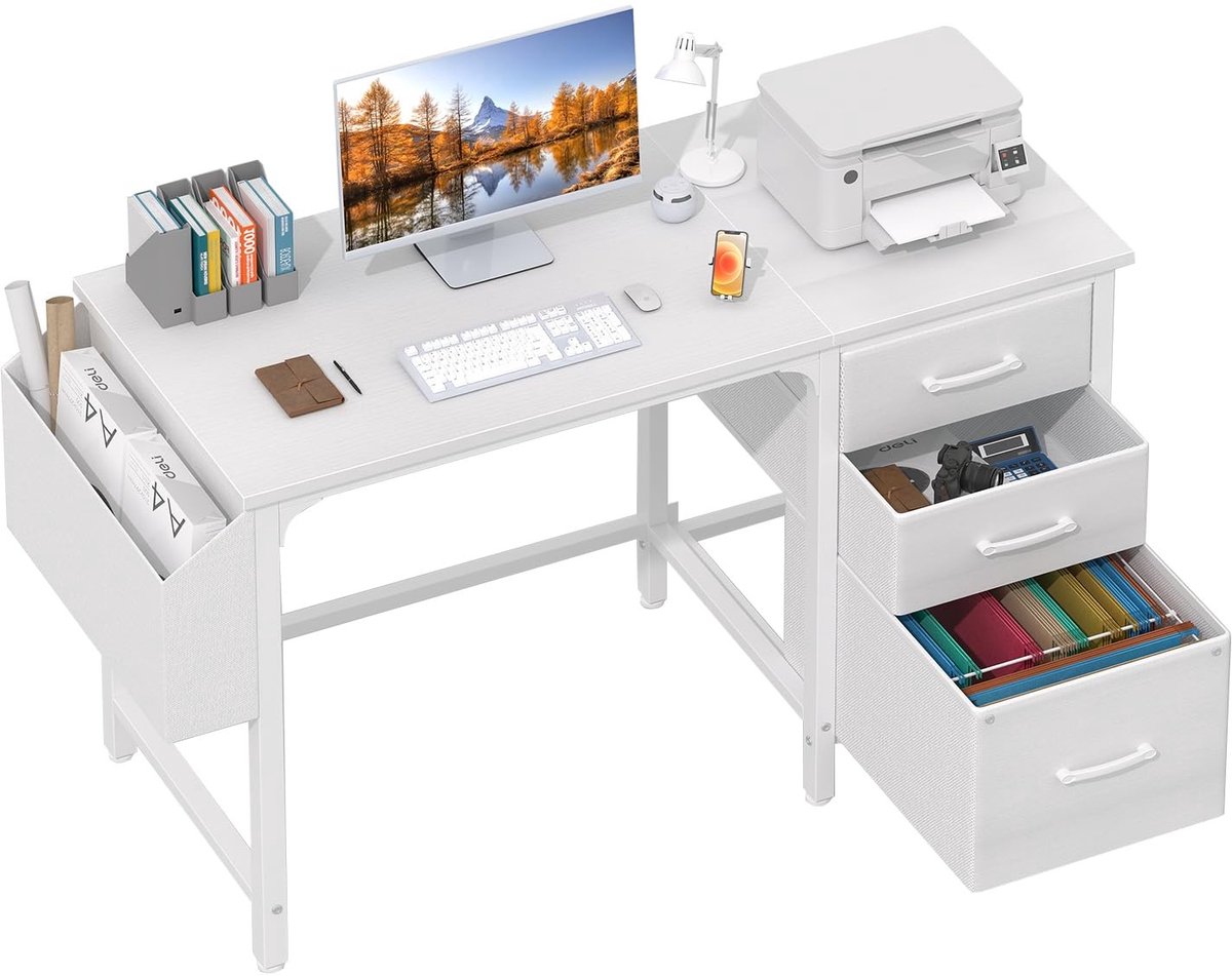 Omgoods- Computerbureau Wit - Bureau met Lades - Opbergtas - Verstelbaar Design - Hoekbureau - Royale Werkplek