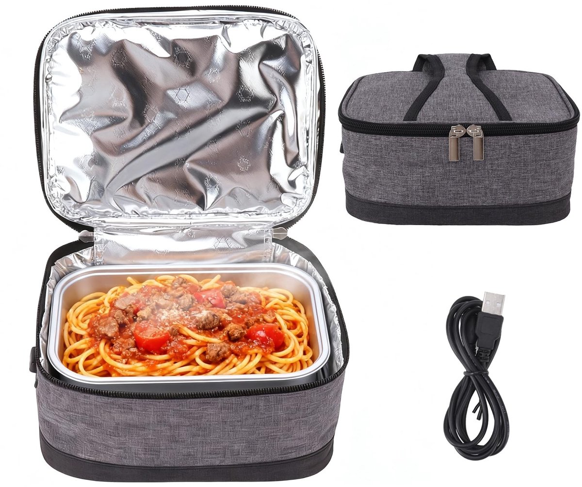 Omgoods - Draagbare Voedselverwarmer - Elektrische Lunchtas - Ideaal voor Kantoor en Kamperen - Grijs - USB-verwarming - Grote capaciteit 3,5 liter...