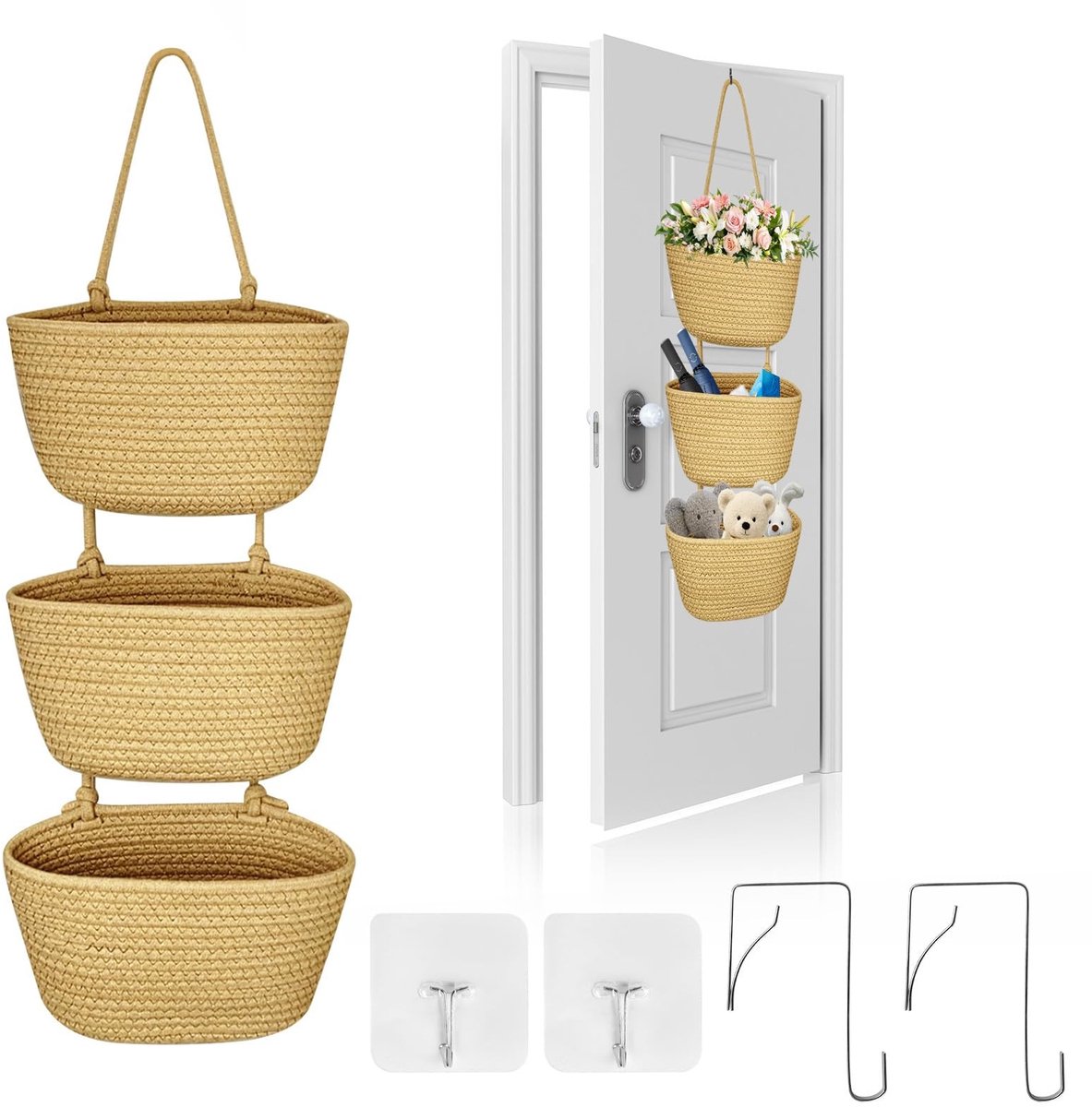 Omgoods- Opbergmand met deksel - Wandorganizer met 3 lagen - Handgemaakte opbergmanden - Opbergmand kinderkamer - Opbergmanden met haken - Veilig voor kinderen