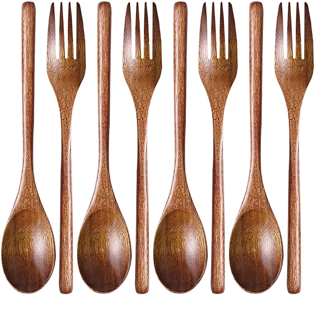 Omgoods - Set van 6 Houten Lepels en Vorken, Herbruikbaar Keukengerei