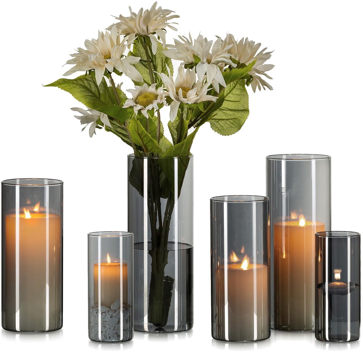 Omgoods - Set van 6 Stijlvolle Zwarte Glazen Vazen voor Interieurdecoratie