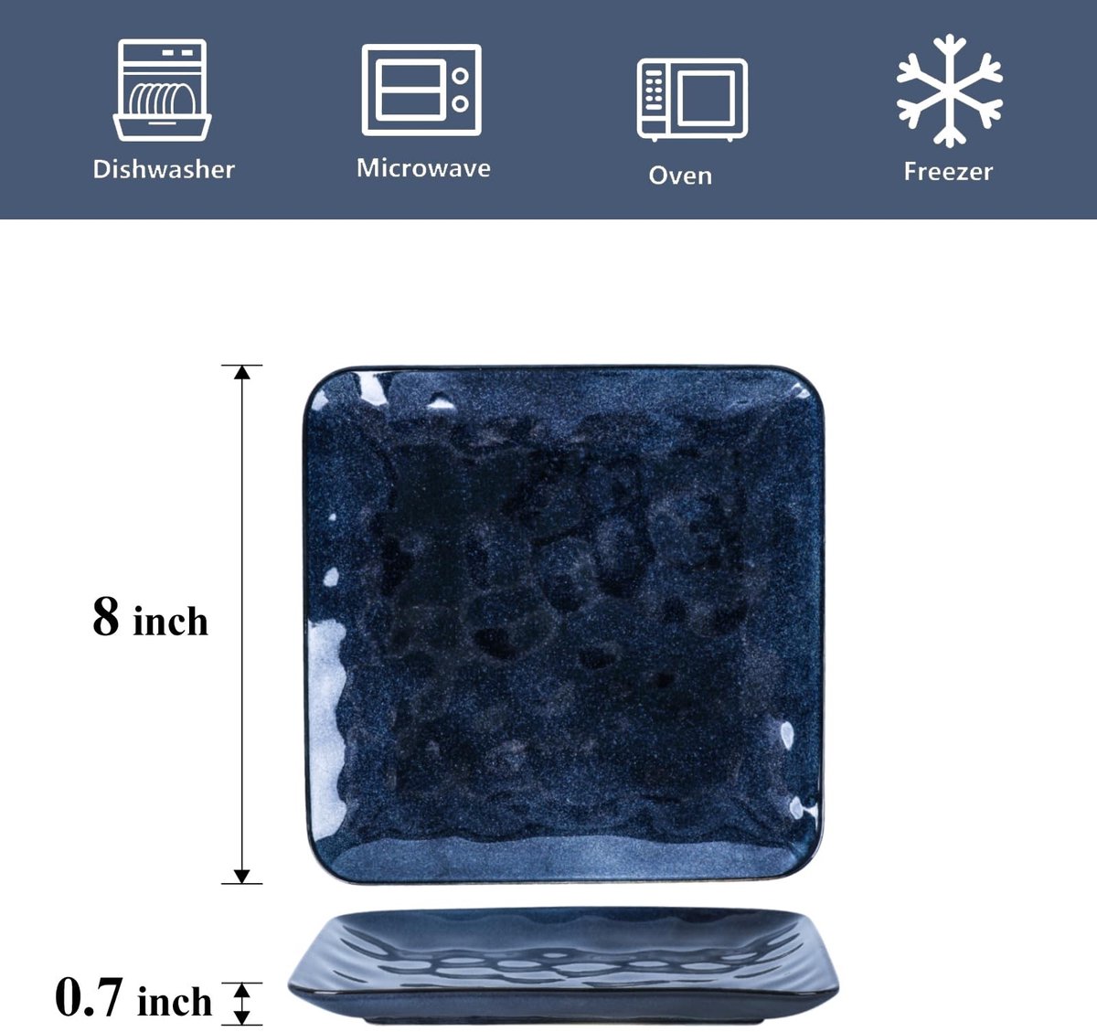 Omgoods - Set van 6 Vierkante Porseleinen Borden - 20cm - Vaatwasser- en Magnetronbestendig - Blauw