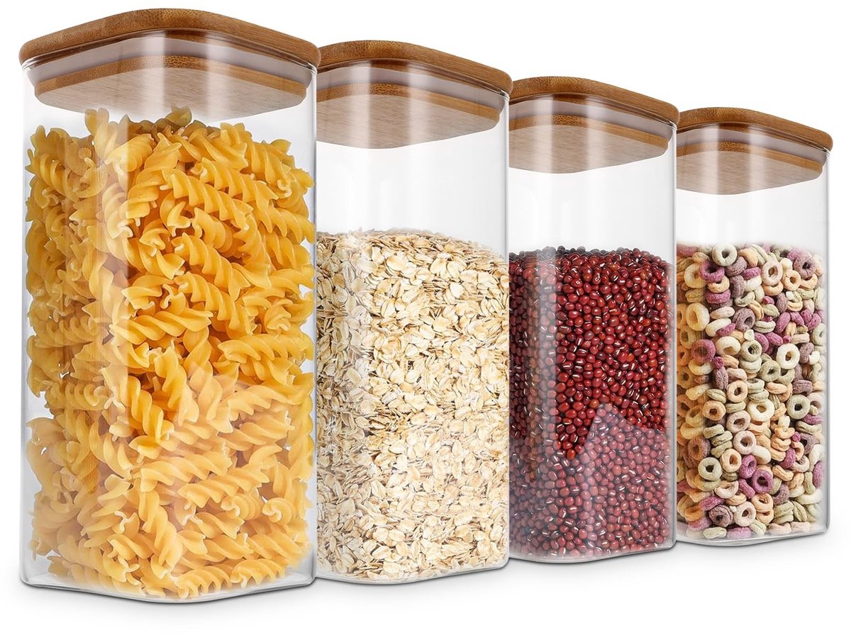 Omgoods - Set van 4 Glazen Opbergpotten met Bamboo Deksel voor Voeding