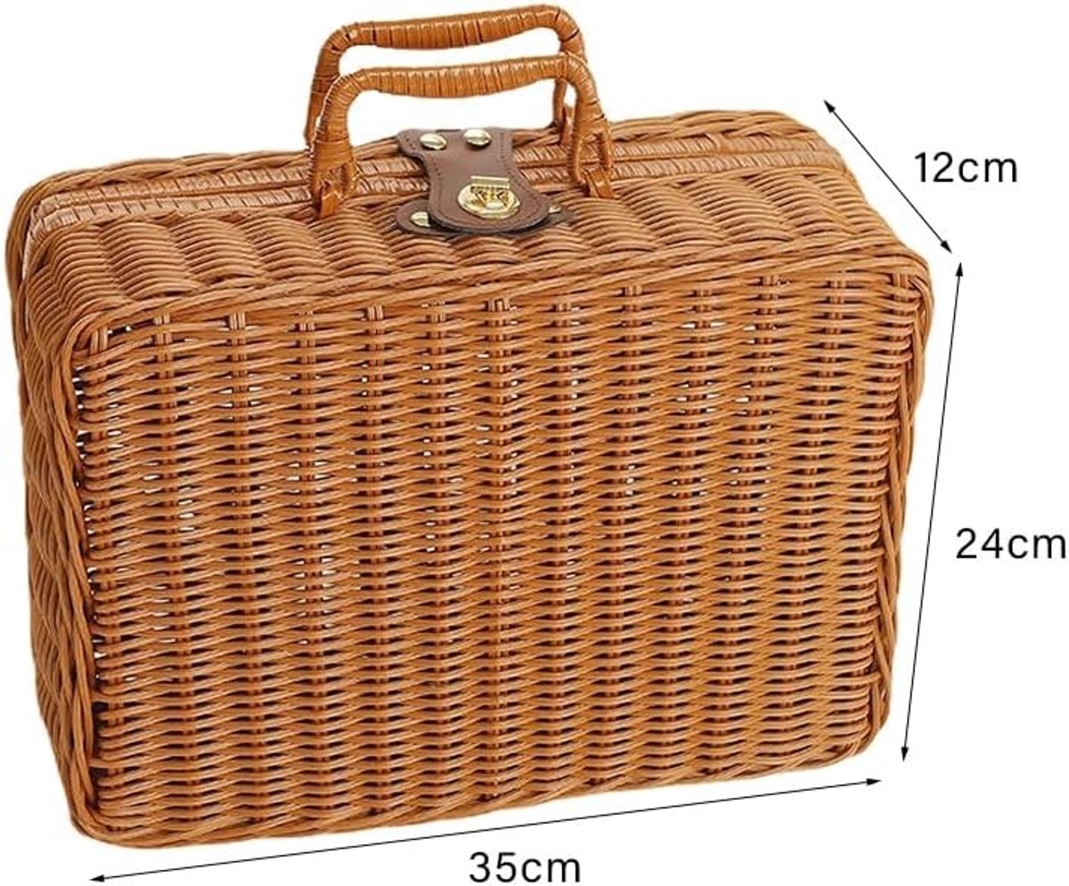 Omgoods- Picknickmand Geweven - Kunststof Rotan Koffer - Vintage Design - Met Handgrepen - Metalen Slot - Stevig en Duurzaam - Picknickkoffer