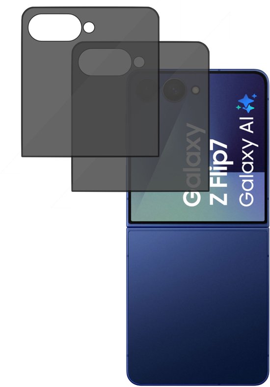 Protecteur d'écran de confidentialité en verre trempé, à côté d'un Samsung Galaxy Z Flip 7 bleu foncé.