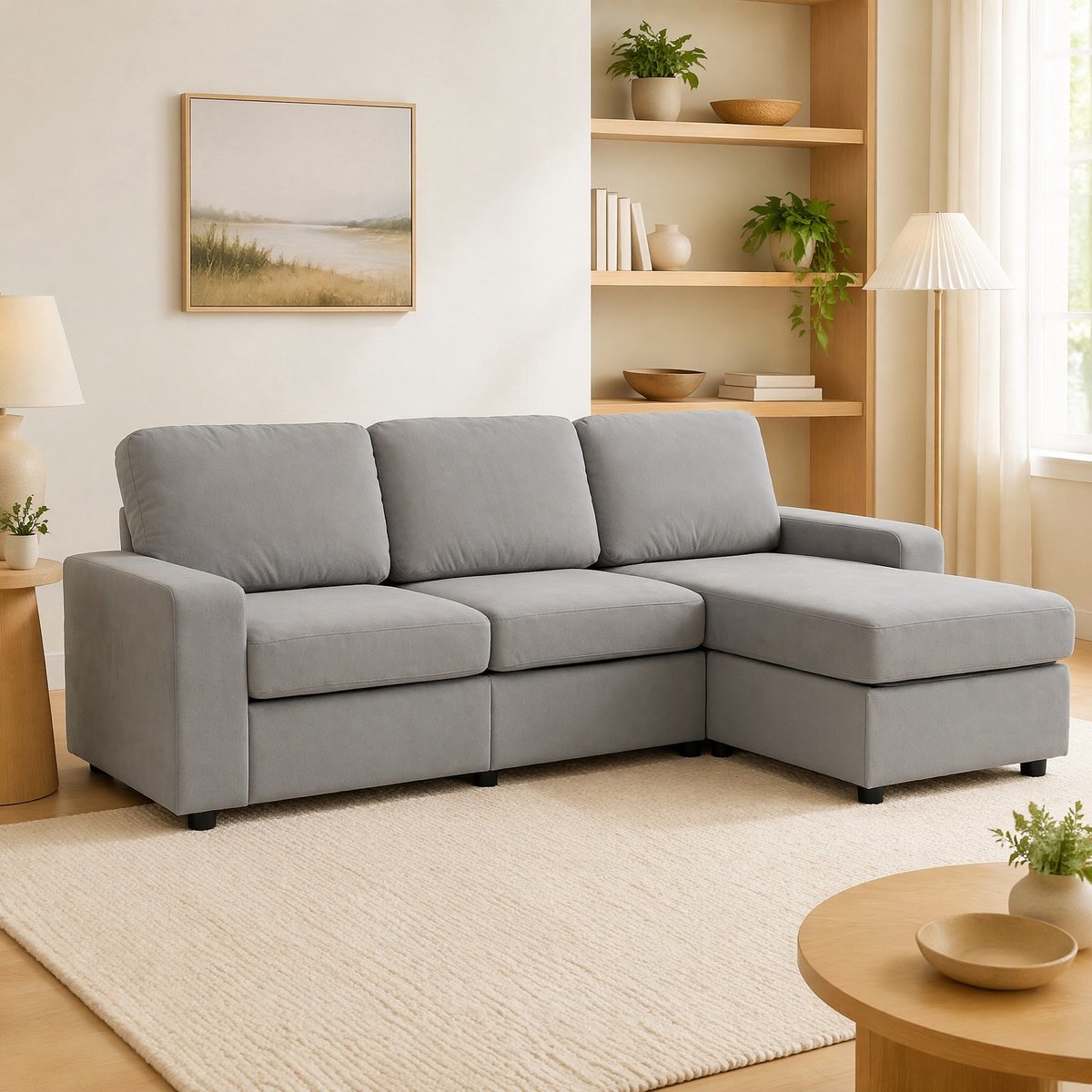 MODENUIT Hoekbank 245,5 cm - Met 4 Opbergvakken En Ottomane - Voor Woonkamer - Polyester - Lichtgrijs