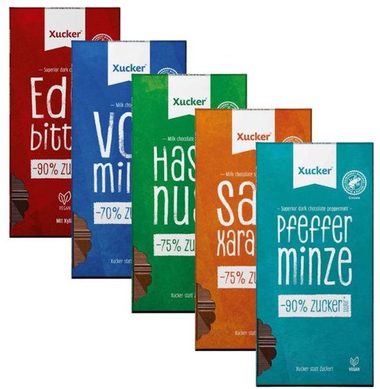 Xucker chocoladerepen: donkere chocolade (rood), volle melk (blauw), hazelnoot (groen), zoute karamel (oranje), pepermunt (turkoois).