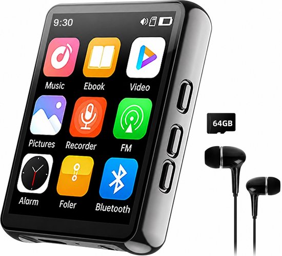 Zwarte MP3-speler met 2,4 inch touchscreen, iconen voor Muziek, Ebook, Video, Foto's, Recorder, FM, Alarm, FOLDER, Bluetooth. Inclusief oordopjes en 64GB kaart.