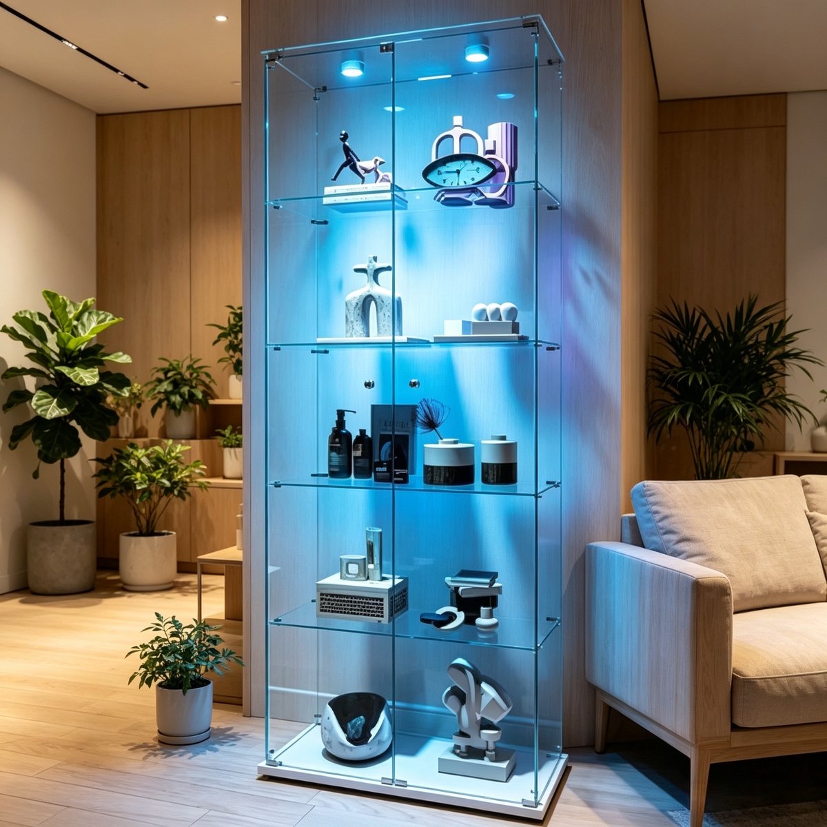 Glazen vitrinekast met LED-verlichting en slot – 5 planken vitrinekast van gehard glas – grote display kast / wandvitrine voor verzamelobjecten, LEGO en decoratie – Wit