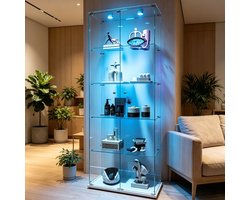 Glazen vitrinekast met LED-verlichting en slot – 5 planken vitrinekast van gehard glas – grote display kast / wandvitrine voor verzamelobjecten, LEGO en decoratie – Wit Image