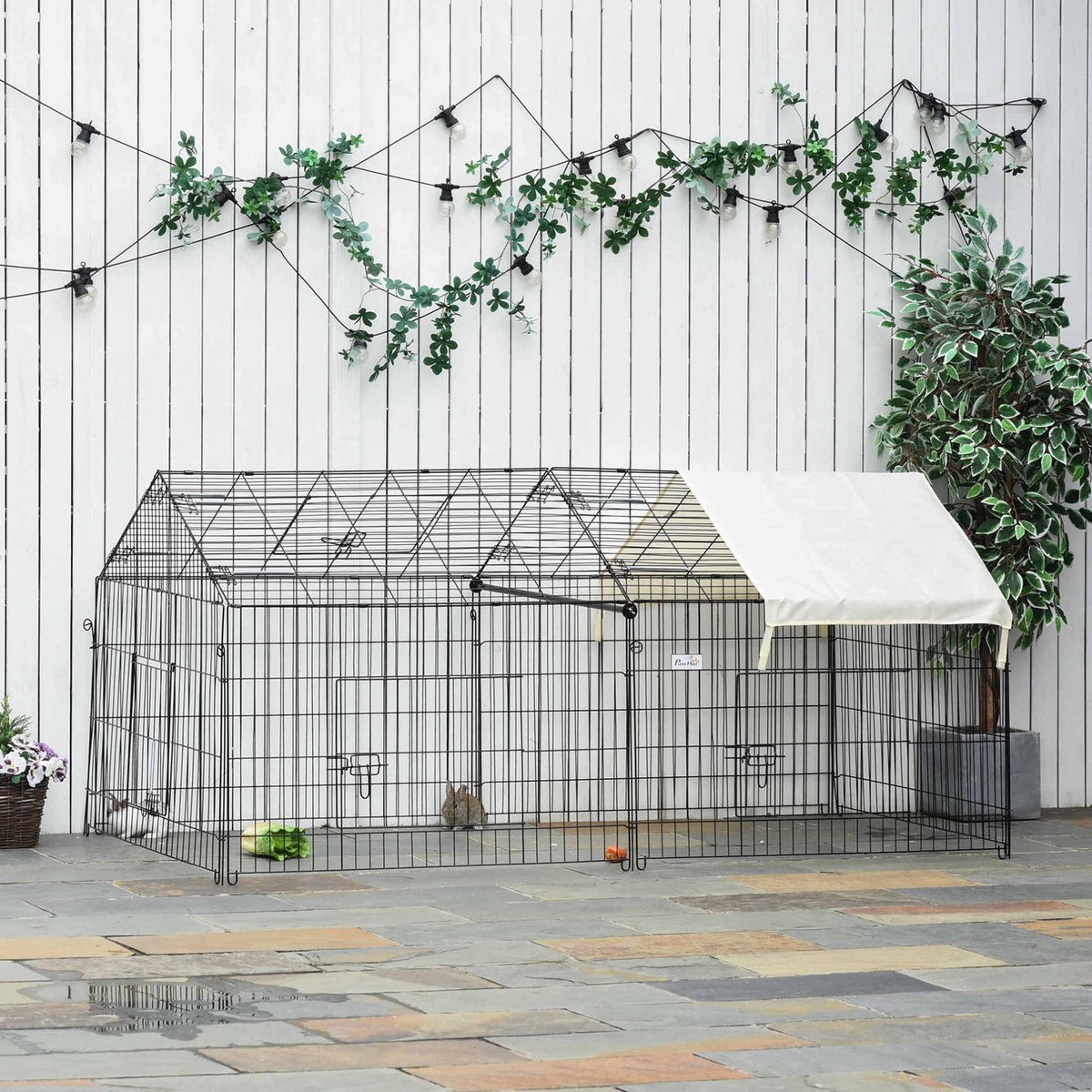 REDOM - Freigehege voor kleine dieren - Met zonnedak en twee deuren - Opvouwbaar - Metalen frame - Buiten - Metaal en kunststof - Zwart - 220 x 103 x 103 cm