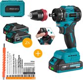 Instava Accu Schroefboormachine - 2x 2.0Ah Accu - Borstelloze Motor - Afneembare Snelspanboorkop - 21 Koppelstanden - 31-delige Accessoireset - Makita 18V Compatibel