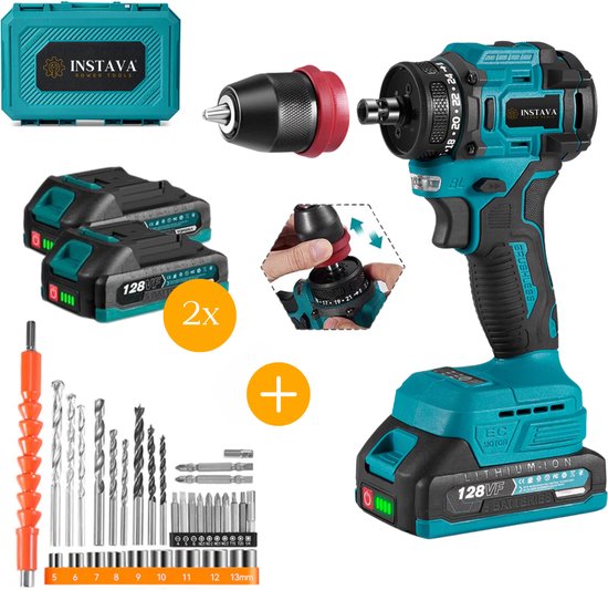 Een blauw-zwarte accuboormachine met extra accu's, opbergkoffer en een set boren en bitjes. "INSTAVA POWER TOOLS" is op de koffer en machine te zien.