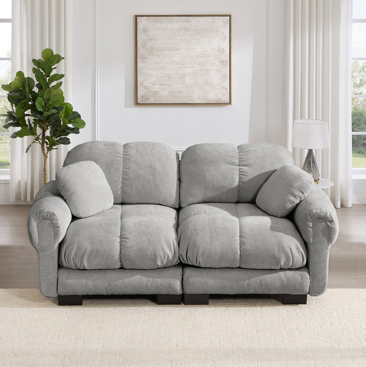 OKWISH Zitbank 190 x 86 x 90 cm - 2-Zits Modulaire Bank Met Chenille En Gestikt Design - Voor Woonkamer - Chenille - Lichtgrijs