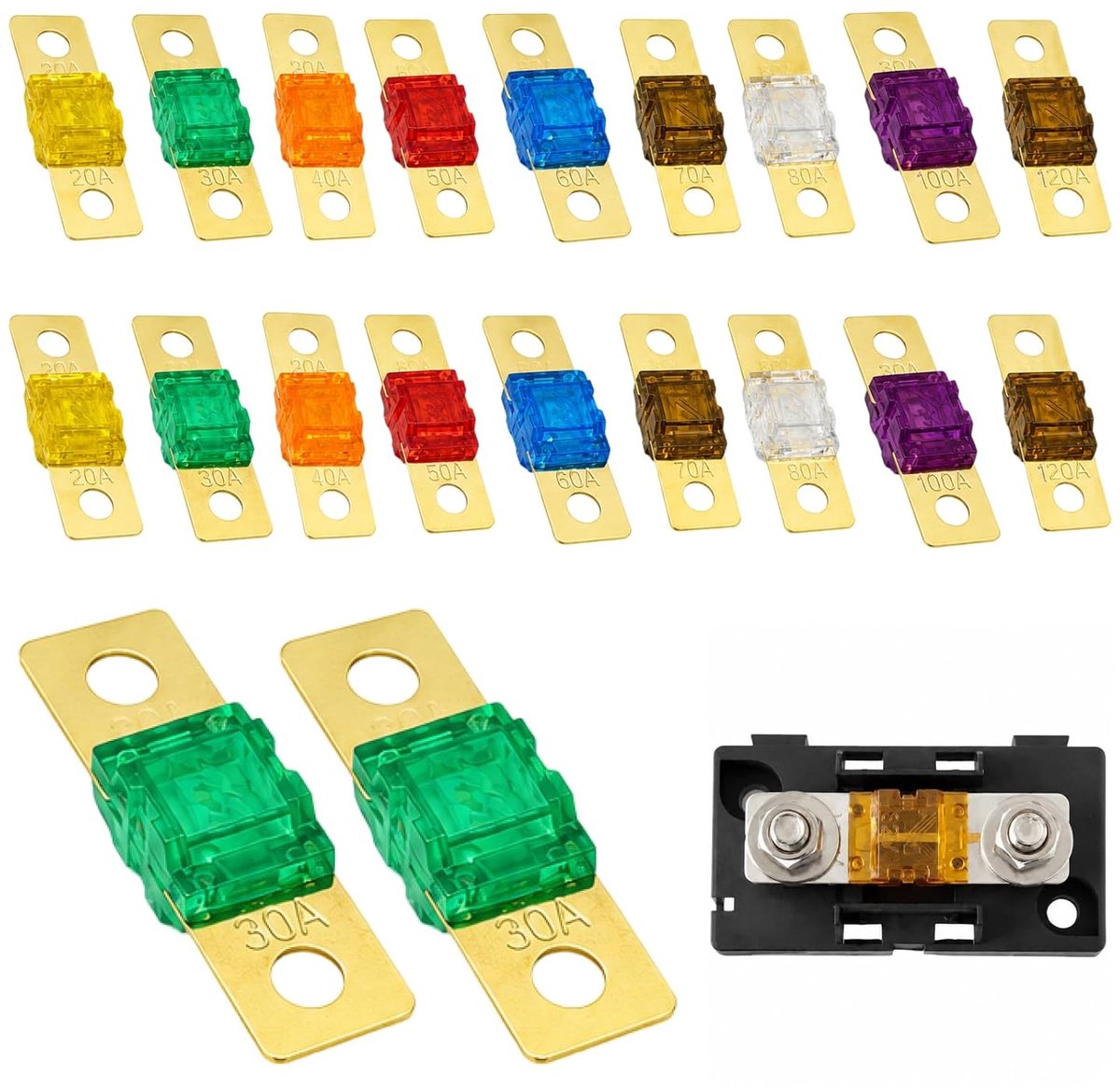 18 stuks Midi zekeringen, Auto Mega Hoogstroomzekering - Bolt On Zekering Voor Auto, Vrachtwagen, Bouwvoertuigen - Midi Zekering 20A/30A/40A/50A/60A/70A/80A/100A/120A