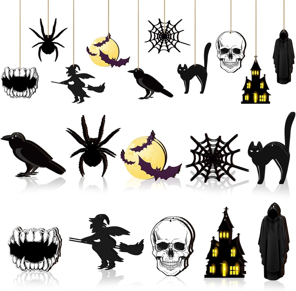 20 stuks hangers Halloween hout, Halloween boomversiering, spin skelet kat hangende decoratie, met touw, voor binnen en buiten, tuin, terras, thuis, feestdecoratie