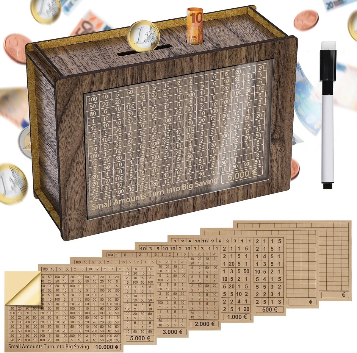 Houten Spaarpot met Stickers, Cash Spaarvarken 5000€ Herbruikbare Spaarbox met Teller Spaaruitdaging Spaarpot Muntgeldpot voor Kinderen en Volwassenen 500-10000€ Doel