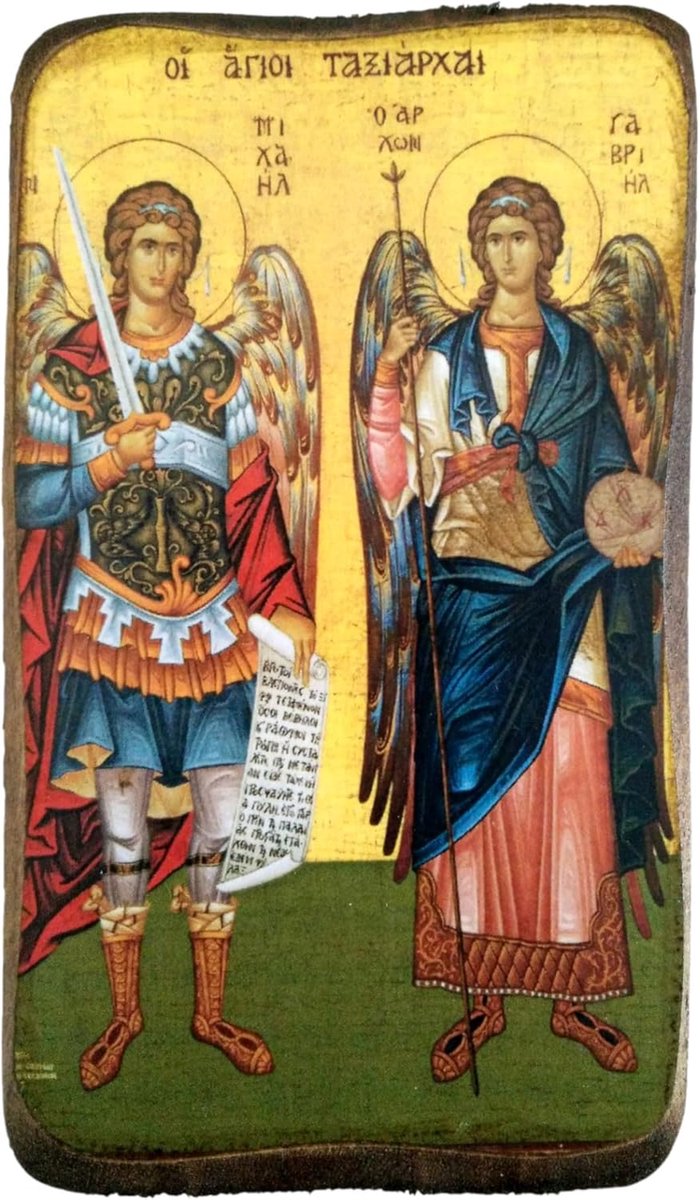Houten Grieks-Christelijke Orthodoxe Hout Icoon van Aartsengel Michael en Gabriël / A0
