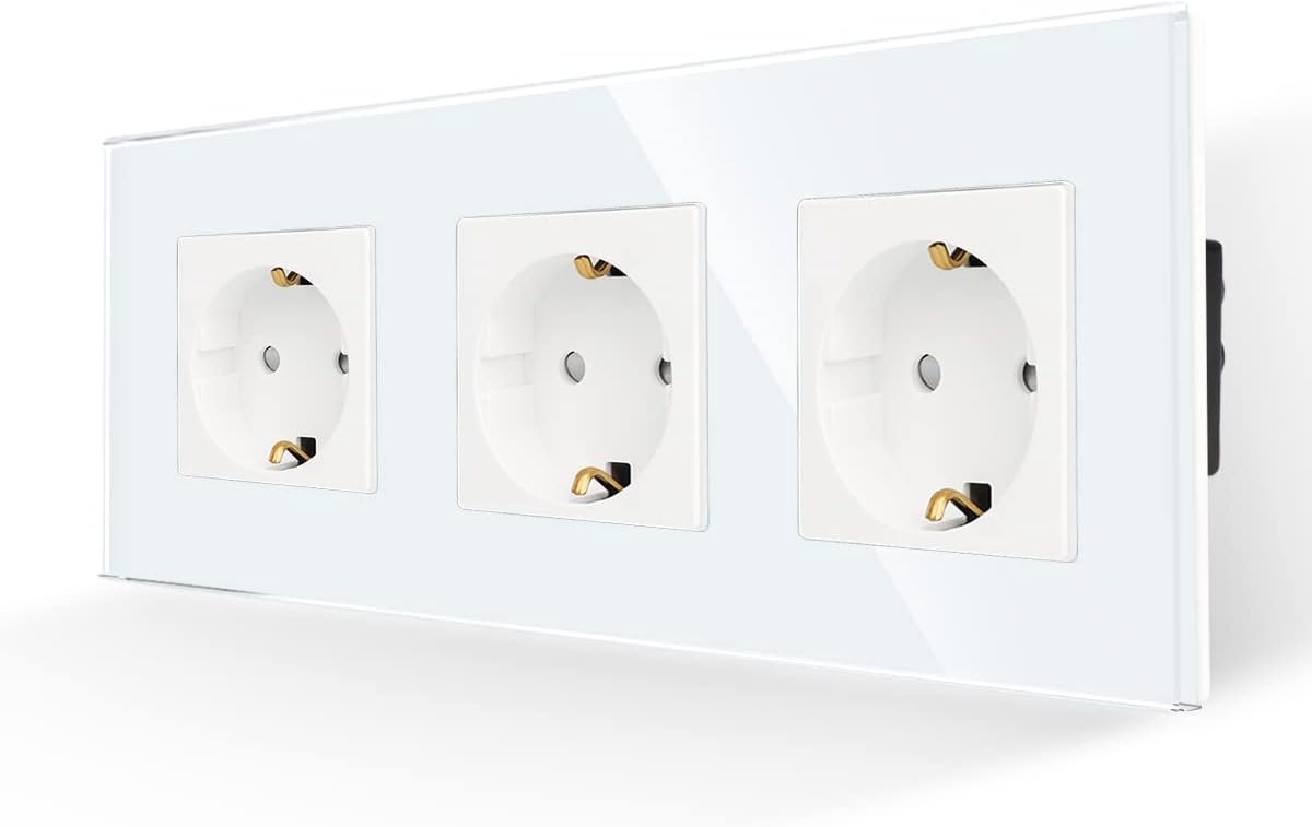 stopcontact drievoudig in wit, 16Amp glas Schuko stopcontacten inbouw geaard stopcontact - 228 * 86mm, 250V, 3 compartimenten