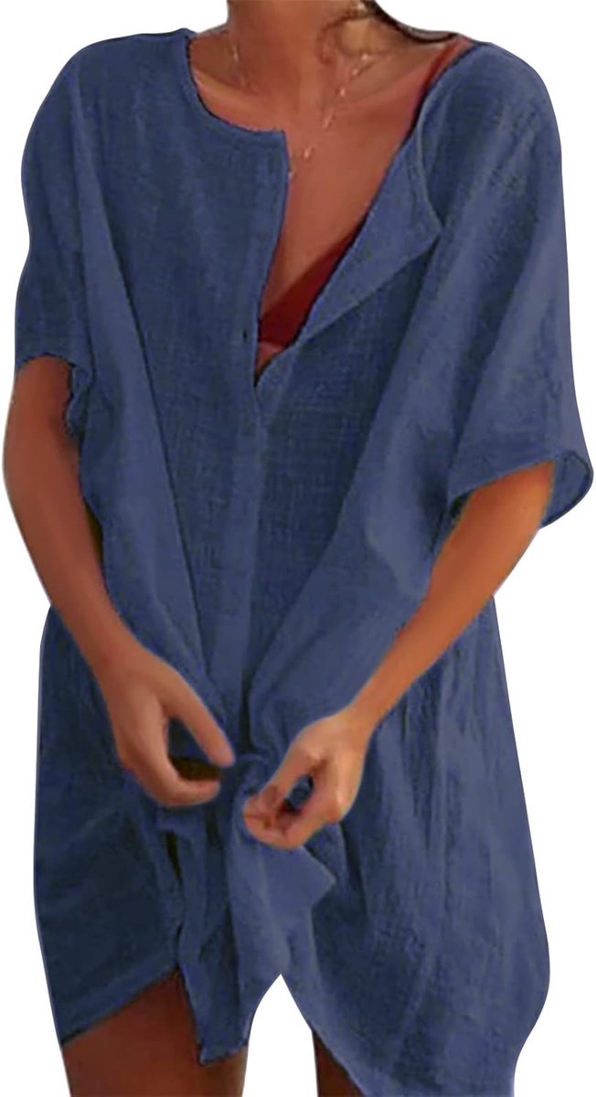 Strandjurk voor dames, transparant, katoen, bikiniblouse, cover-up losse zomercamisolen en pareo's, effen, casual, strandkleding met knoop, badpakken