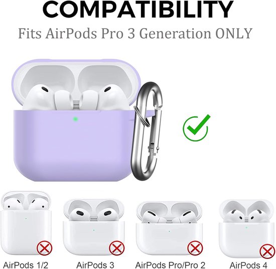 hoes voor AirPods Pro 3 2025, beschermende siliconen Case voor Air Pods Pro 3 Skin Front LED zichtbare siliconen cover met karabijnhaak, Lavendel — afbeelding 3