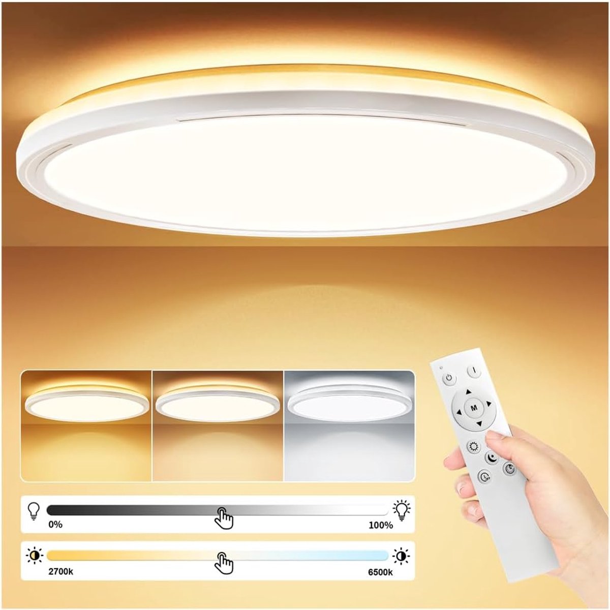Plafondlampen met Afstandsbediening, voor slaapkamer, woonkamer, kinderkamer, Balkon, Keuken, Badkamer, Woonkamer (3000-6500K) Ø30Cm