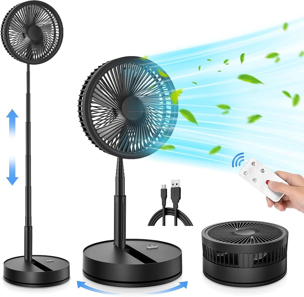 Draagbare, opvouwbare oscillerende ventilator, 8,6 inch, 8000 mAh accu, oplaadbaar, USB C, kleine tafelventilator met afstandsbediening, stille staande ventilator, tafelventilator voor thuis