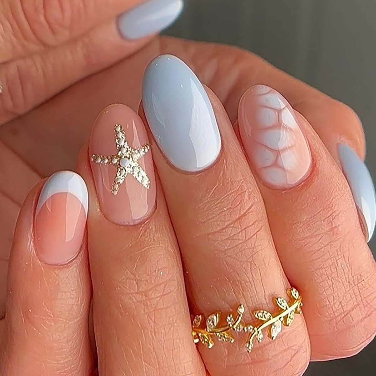 24 stuks kunstnagels, middelgrote amandelen, blauwe French press on nagels met sterdesign, ballerina acryl, volledige afdekking, kunstnagels, natuurlijke nepnagels voor vrouwen en meisjes