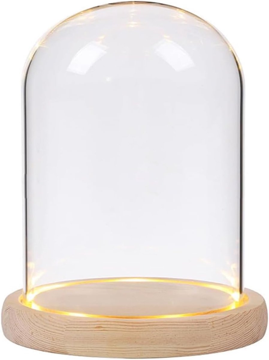 3.5 "D X 4.7" H Clear Glass Dome Cloche met natuurlijke houten LED-verlichting Base, glazen display Bell Jar Ornament