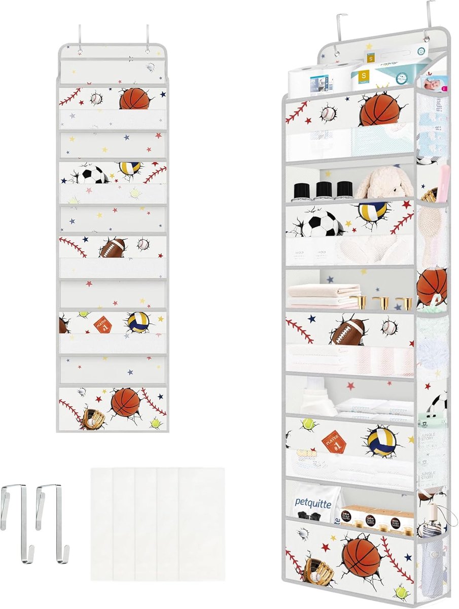 Hangende opbergbox bal grijs met 5 vakken, honkbalorganizer om op te hangen, voor kinderen, kleding, luier, speelgoed, hangende organizer voor slaapkamer, badkamer, caravan