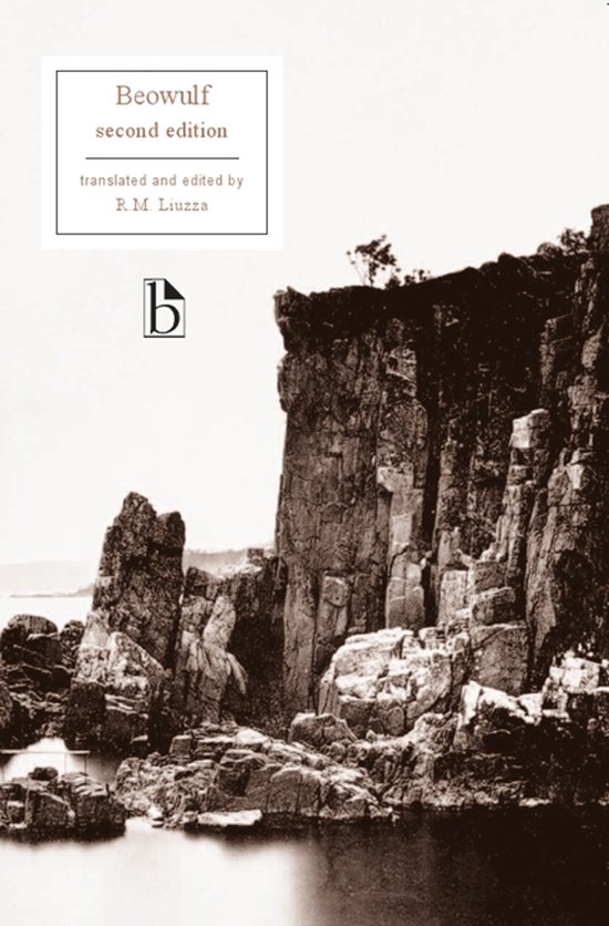 Boek 'Beowulf' tweede editie, vertaald en bewerkt door R.M. Liuzza, met een afbeelding van rotsachtige kliffen aan zee.