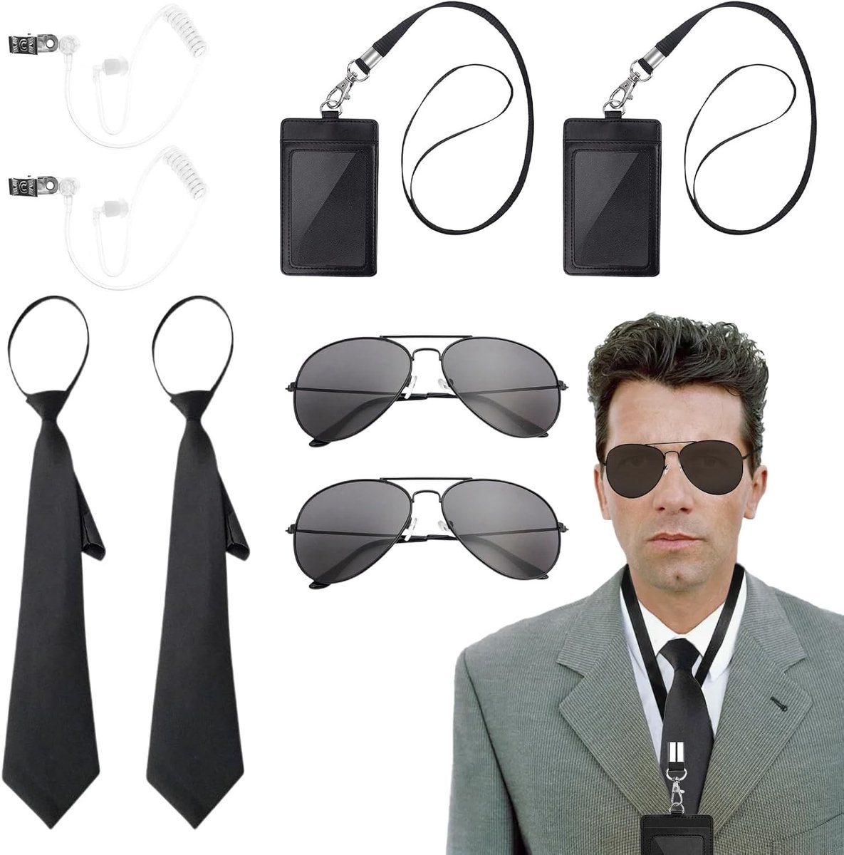 Accessoire Set van 8 - Inclusief 2 Zwarte Stropdassen, 2 Lanyards, 2 Oordopjes en 2 Zwarte Zonnebrillen voor Volwassenen, Ideaal Kostuum voor Carnaval en Feestjes, Verkleedaccessoires