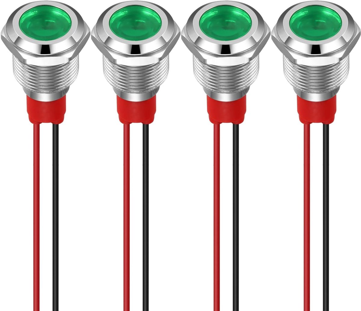 SnelShoppen - 12mm LED Indicator Licht Waterproof Signaal Lamp Metaal Paneelmontage Plat Hoofd met Draden Zilver Groen (4 stuks)