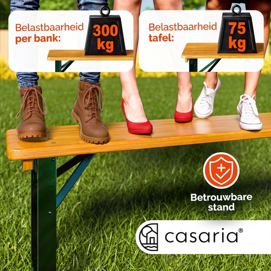 Biertafel en banken met belastingaanduiding: 300kg per bank, 75kg tafel.