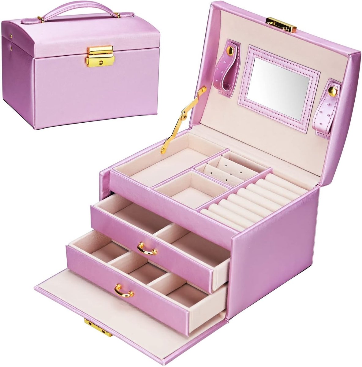 SnelShoppen - Sieradenbox PU Leer 3 Laags met Slot en Spiegel, Reizen, Paars | 3 lagen | 2 lades | Slot met sleutel | Spiegel | Handvat | 18.5x15x14cm