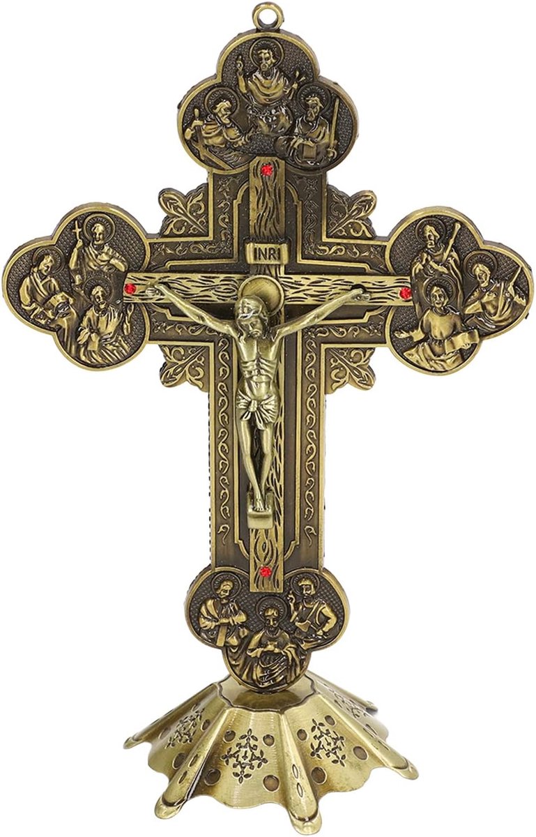 SnelShoppen - Jezus Kruis Standbeeld, Tafelkruis Corpus Crucifix Jezus Christus Standbeeld, Houten Kruis Beeldjes, Kunststof Figuren Zwart met Gouden