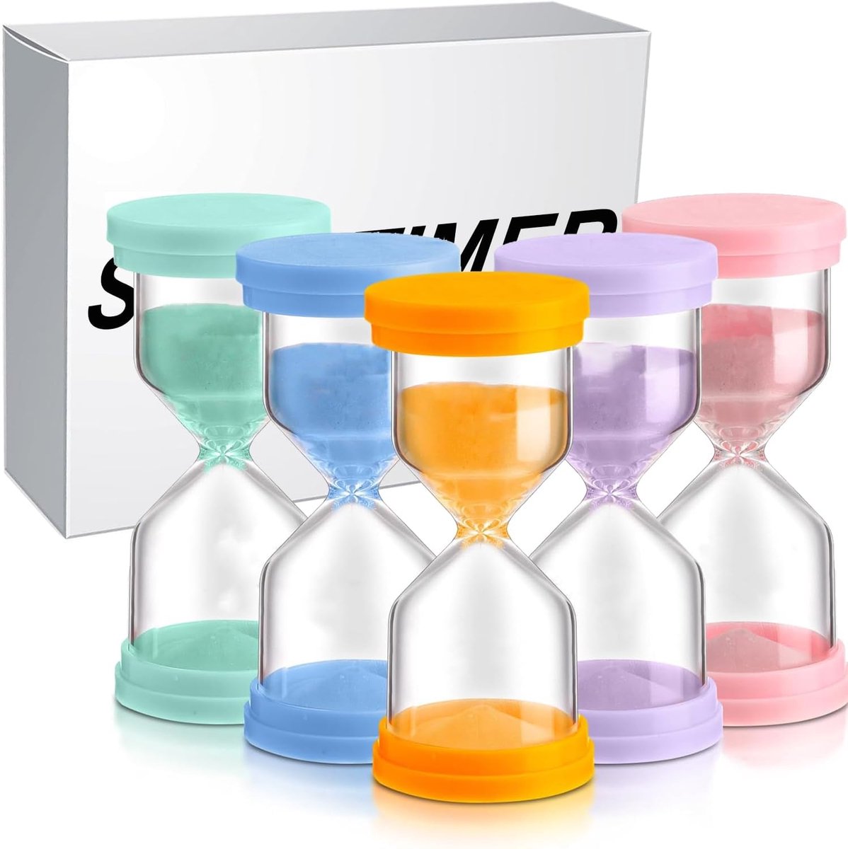 SnelShoppen - Kleurrijke Zandloper Set Kinderen 3/5/10/15/30 Minuten Glazen Timer Macaron Kleur voor Keuken, Klaslokaal, Spelletjes en Decoratie - 5 S