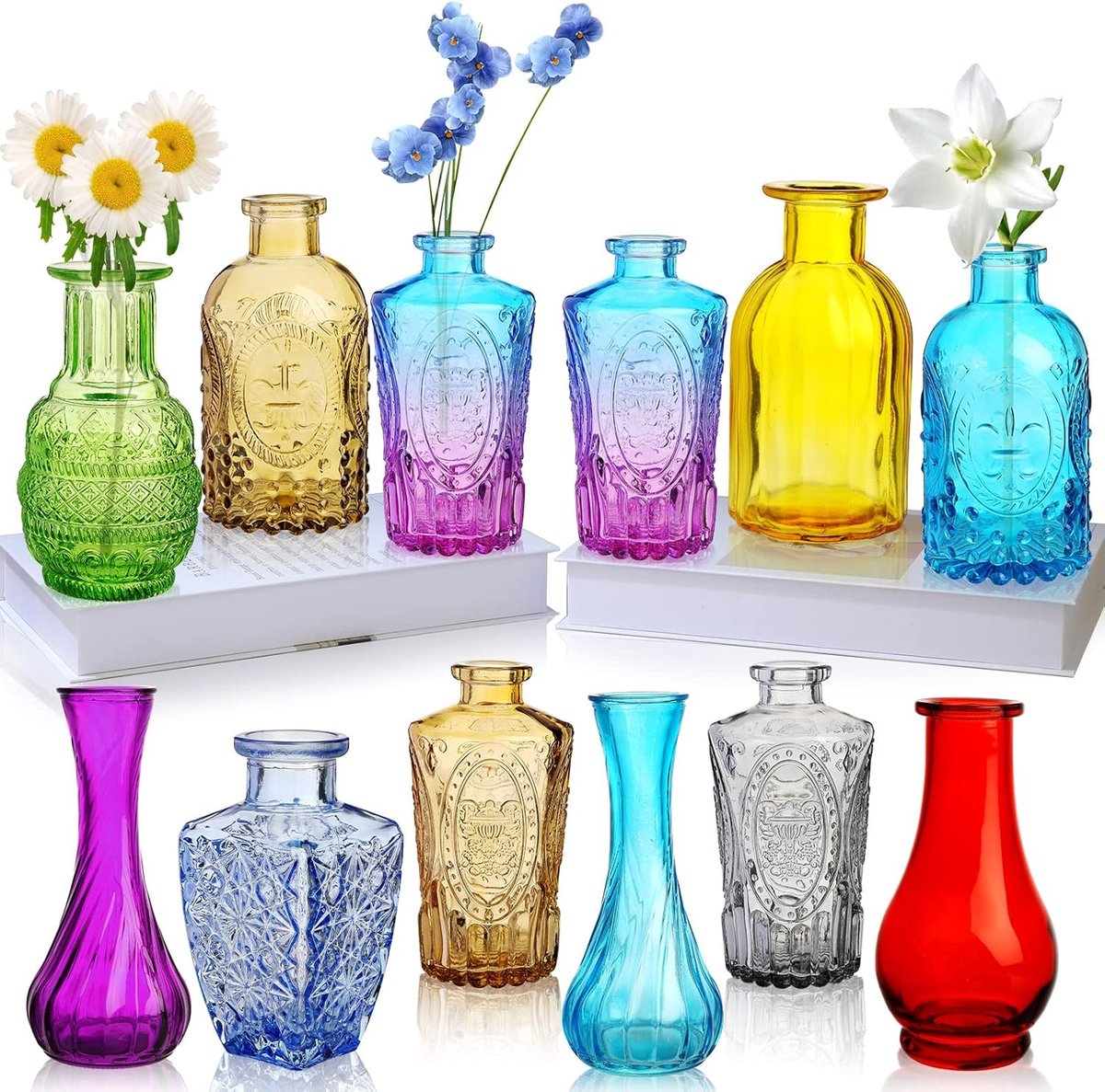 SnelShoppen - Set van 12 gekleurde glazen bud vazen, kleine vintage decoratieve vazen voor centerpieces, kantoor, tuin, huis, bruiloft feest