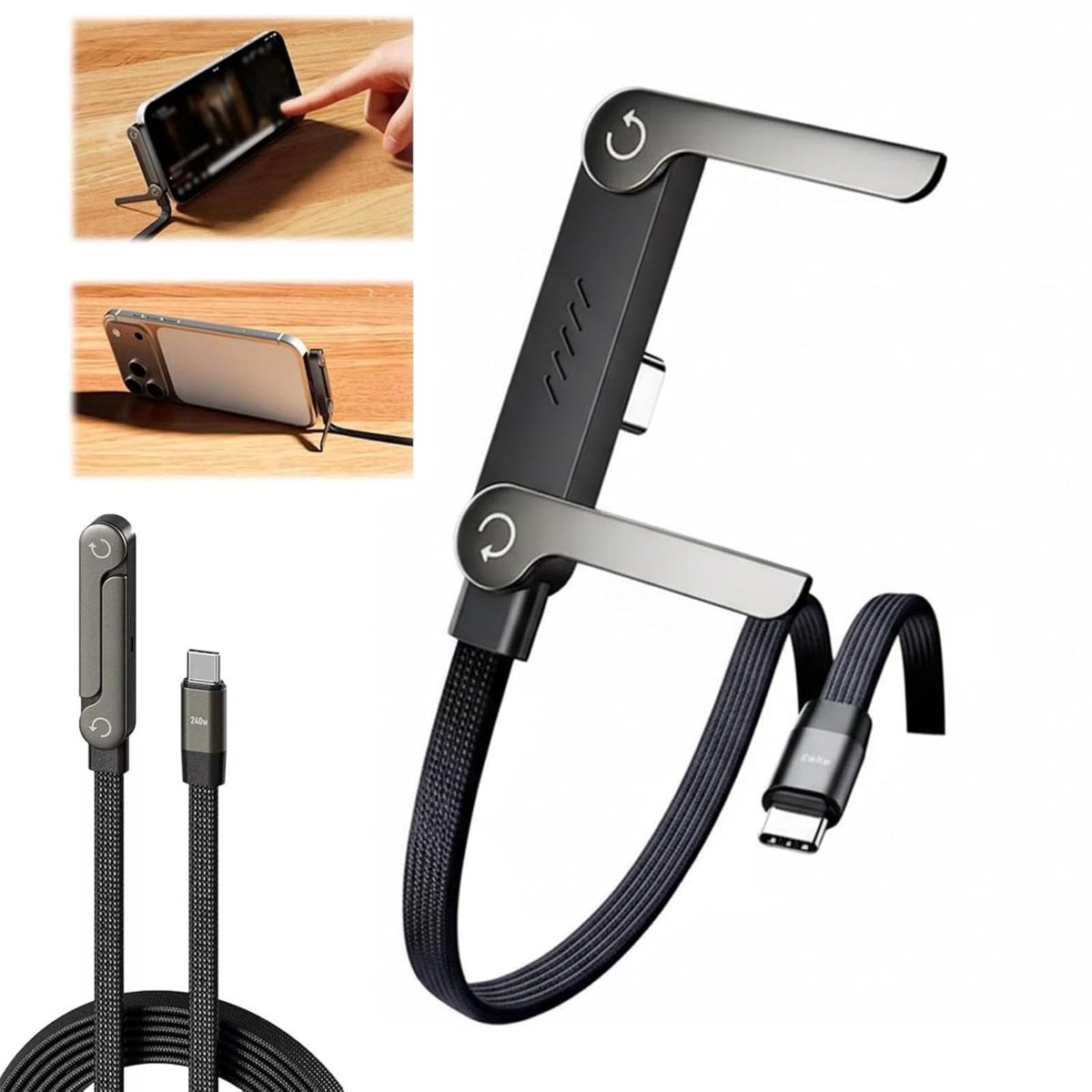 longziming -240W USB-C Oplaadkabel met Telefoonstandaard – 2-in-1 Snellaadkabel – Gevlochten USB C Kabel – Opvouwbare Smartphonehouder – Snelle Dataoverdracht – 1,5 m